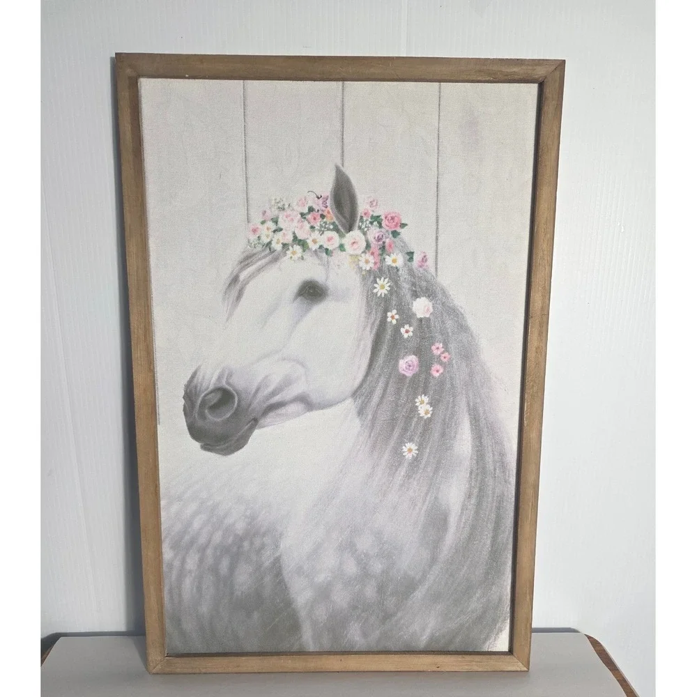Farmhouse Horse Floral Crown Wall Art Canvas Framed Rustic Decor